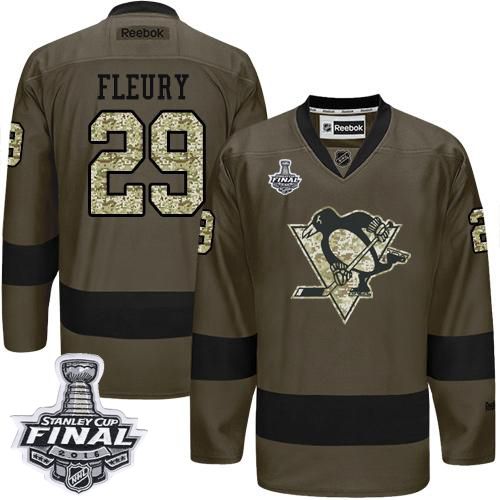 Penguins #29 Andre Fleury Green Salute to Service 2016 Stanley Cup Final Patch Stitched NHL Jersey