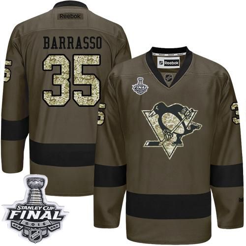Penguins #35 Tom Barrasso Green Salute to Service 2016 Stanley Cup Final Patch Stitched NHL Jersey