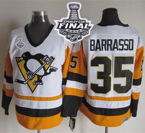 Penguins #35 Tom Barrasso White Black CCM Throwback 2016 Stanley Cup Final Patch Stitched NHL Jersey