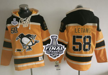 Penguins #58 Kris Letang Gold Sawyer Hooded Sweatshirt 2017 Stanley Cup Final Patch Stitched NHL Jersey