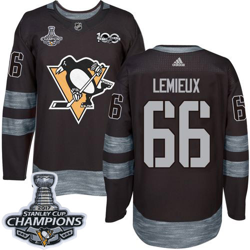 Penguins #66 Mario Lemieux Black 1917-2017 100th Anniversary Stanley Cup Finals Champions Stitched NHL Jersey