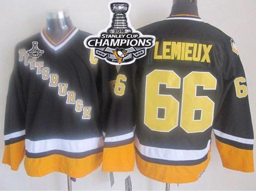 Penguins #66 Mario Lemieux Black Yellow CCM Throwback 2016 Stanley Cup Champions Stitched NHL Jersey
