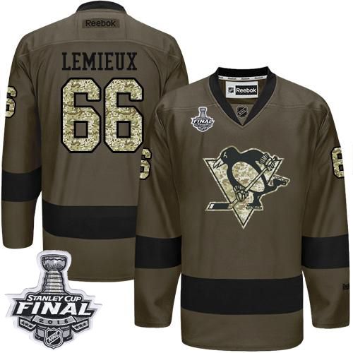Penguins #66 Mario Lemieux Green Salute to Service 2016 Stanley Cup Final Patch Stitched NHL Jersey