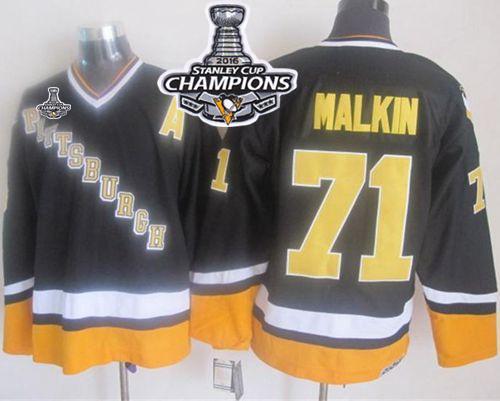 Penguins #71 Evgeni Malkin Black Yellow CCM Throwback 2016 Stanley Cup Champions Stitched NHL Jersey