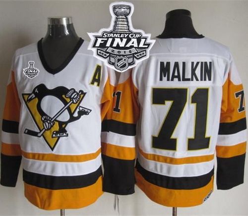 Penguins #71 Evgeni Malkin White Black CCM Throwback 2016 Stanley Cup Final Patch Stitched NHL Jersey