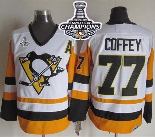 Penguins #77 Paul Coffey White Black CCM Throwback 2016 Stanley Cup Champions Stitched NHL Jersey