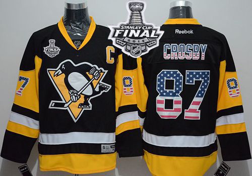 Penguins #87 Sidney Crosby Black Alternate USA Flag Fashion 2016 Stanley Cup Final Patch Stitched NHL Jersey