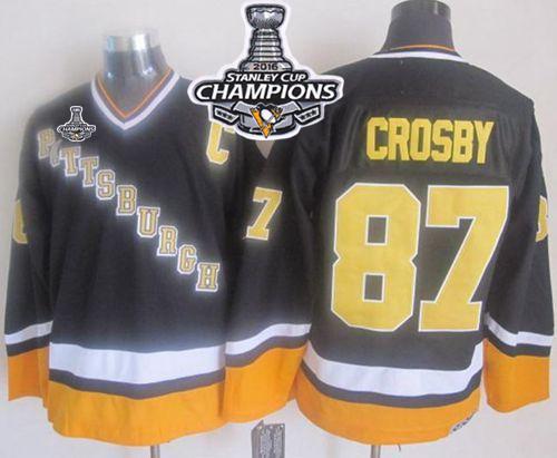 Penguins #87 Sidney Crosby Black Yellow CCM Throwback 2016 Stanley Cup Champions Stitched NHL Jersey