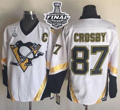 Penguins #87 Sidney Crosby White CCM Throwback 2016 Stanley Cup Final Patch Stitched NHL Jersey