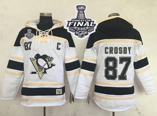 Penguins #87 Sidney Crosby White Sawyer Hooded Sweatshirt 2017 Stanley Cup Final Patch Stitched NHL Jersey