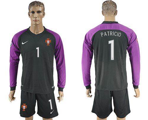 Portugal #1 Patricio Black Goalkeeper Long Sleeves Soccer Country Jersey Portugal #1 Patricio Black Goalkeeper Long Sleeves Soccer Country Jersey