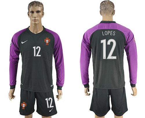 Portugal #12 Lopes Black Goalkeeper Long Sleeves Soccer Country Jersey Portugal #12 Lopes Black Goalkeeper Long Sleeves Soccer Country Jersey