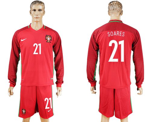 Portugal #21 Soares Home Long Sleeves Soccer Country Jersey Portugal #21 Soares Home Long Sleeves Soccer Country Jersey