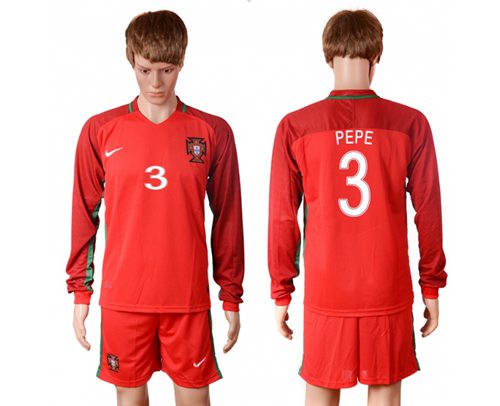 Portugal #3 Pepe Home Long Sleeves Soccer Country Jersey Portugal #3 Pepe Home Long Sleeves Soccer Country Jersey