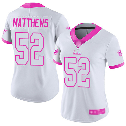 Rams #52 Clay Matthews White Pink Women's Stitched Football Limited Rush Fashion Jersey Rams #52 Clay Matthews White Pink Women's Stitched Football Limited Rush Fashion Jersey