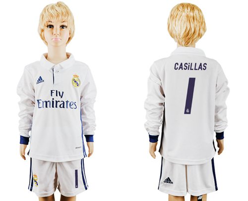 Real Madrid #1 Casillas Home Long Sleeves Kid Soccer Club Jersey Real Madrid #1 Casillas Home Long Sleeves Kid Soccer Club Jersey