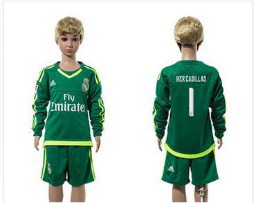 Real Madrid #1 Iker Casillas Green Long Sleeves Kid Soccer Club Jersey