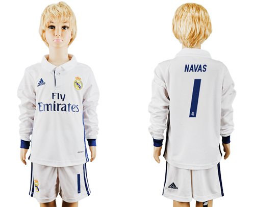 Real Madrid #1 Navas Home Long Sleeves Kid Soccer Club Jersey Real Madrid #1 Navas Home Long Sleeves Kid Soccer Club Jersey