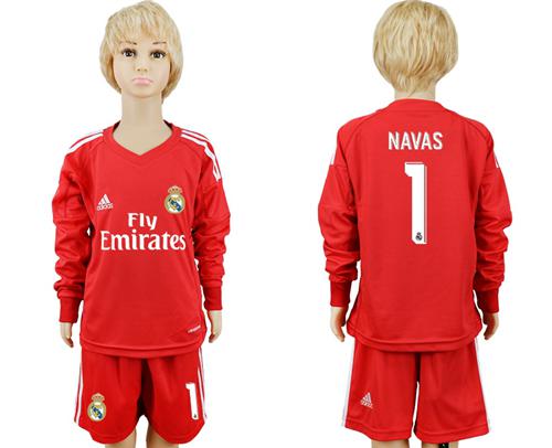 Real Madrid #1 Navas Red Goalkeeper Long Sleeves Kid Soccer Club Jersey Real Madrid #1 Navas Red Goalkeeper Long Sleeves Kid Soccer Club Jersey