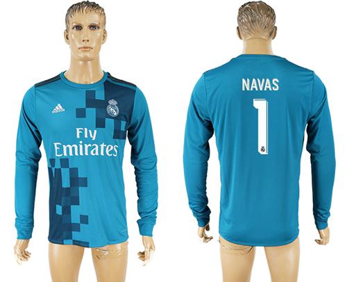 Real Madrid #1 Navas Sec Away Long Sleeves Soccer Club Jersey Real Madrid #1 Navas Sec Away Long Sleeves Soccer Club Jersey