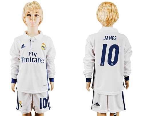 Real Madrid #10 James Home Long Sleeves Kid Soccer Club Jersey Real Madrid #10 James Home Long Sleeves Kid Soccer Club Jersey
