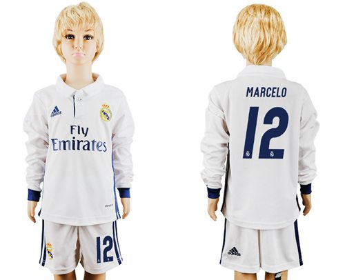 Real Madrid #12 Marcelo Home Long Sleeves Kid Soccer Club Jersey Real Madrid #12 Marcelo Home Long Sleeves Kid Soccer Club Jersey