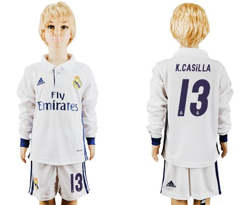 Real Madrid #13 K.Casilla Home Long Sleeves Kid Soccer Club Jersey Real Madrid #13 K.Casilla Home Long Sleeves Kid Soccer Club Jersey