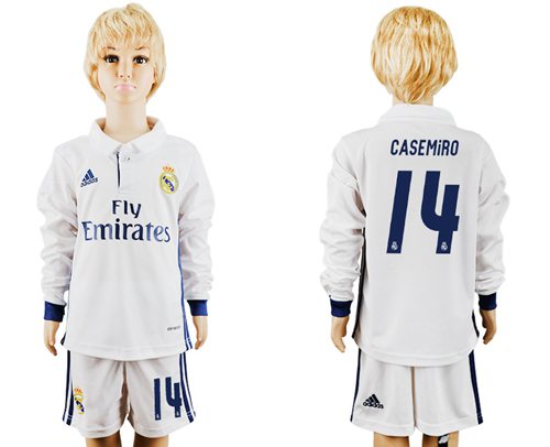 Real Madrid #14 Casemiro Home Long Sleeves Kid Soccer Club Jersey Real Madrid #14 Casemiro Home Long Sleeves Kid Soccer Club Jersey
