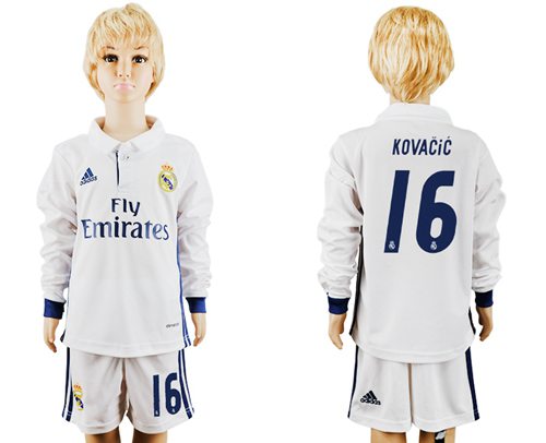 Real Madrid #16 Kovacic Home Long Sleeves Kid Soccer Club Jersey Real Madrid #16 Kovacic Home Long Sleeves Kid Soccer Club Jersey