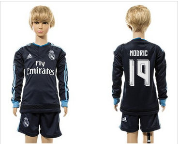Real Madrid #19 Modric Navy Blue Long Sleeves Kid Soccer Club Jersey Real Madrid #19 Modric Navy Blue Long Sleeves Kid Soccer Club Jersey