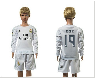 Real Madrid #19 Modric White Home Long Sleeves Kid Soccer Club Jersey
