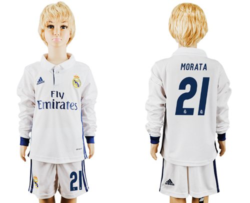 Real Madrid #21 Morata Home Long Sleeves Kid Soccer Club Jersey Real Madrid #21 Morata Home Long Sleeves Kid Soccer Club Jersey
