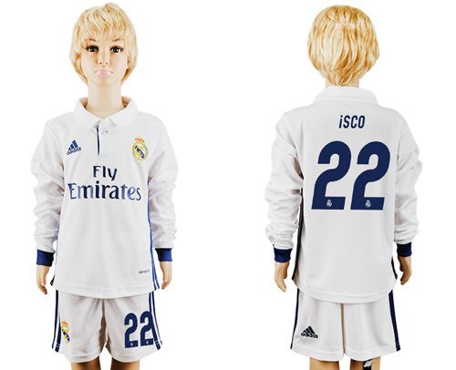 Real Madrid #22 Isco Home Long Sleeves Kid Soccer Club Jersey Real Madrid #22 Isco Home Long Sleeves Kid Soccer Club Jersey