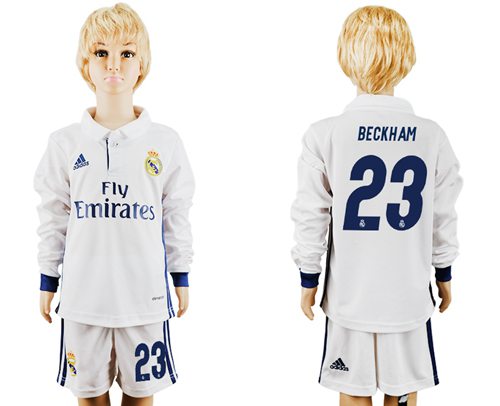 Real Madrid #23 Beckham Home Long Sleeves Kid Soccer Club Jersey Real Madrid #23 Beckham Home Long Sleeves Kid Soccer Club Jersey