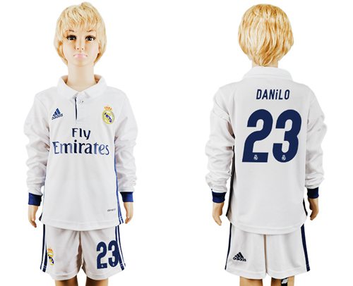 Real Madrid #23 Danilo Home Long Sleeves Kid Soccer Club Jersey Real Madrid #23 Danilo Home Long Sleeves Kid Soccer Club Jersey