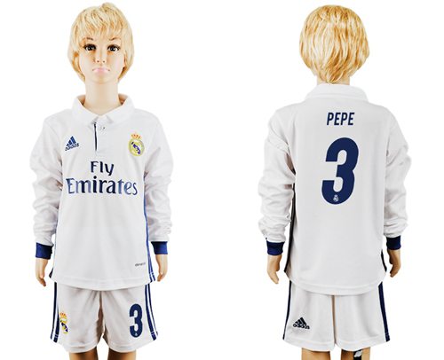 Real Madrid #3 Pepe Home Long Sleeves Kid Soccer Club Jersey Real Madrid #3 Pepe Home Long Sleeves Kid Soccer Club Jersey