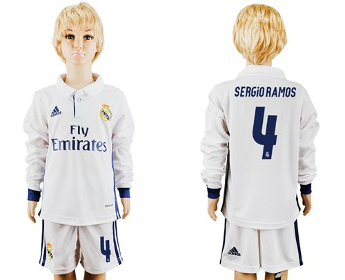 Real Madrid #4 Sergio Ramos Home Long Sleeves Kid Soccer Club Jersey Real Madrid #4 Sergio Ramos Home Long Sleeves Kid Soccer Club Jersey