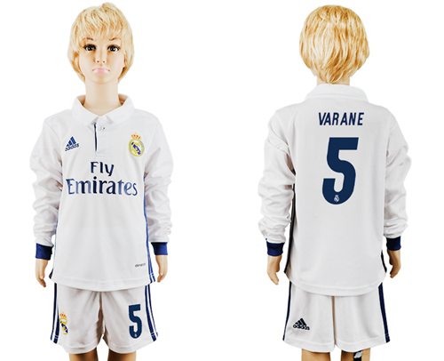 Real Madrid #5 Varane Home Long Sleeves Kid Soccer Club Jersey Real Madrid #5 Varane Home Long Sleeves Kid Soccer Club Jersey