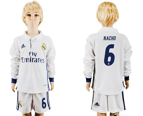 Real Madrid #6 Nacho Home Long Sleeves Kid Soccer Club Jersey Real Madrid #6 Nacho Home Long Sleeves Kid Soccer Club Jersey