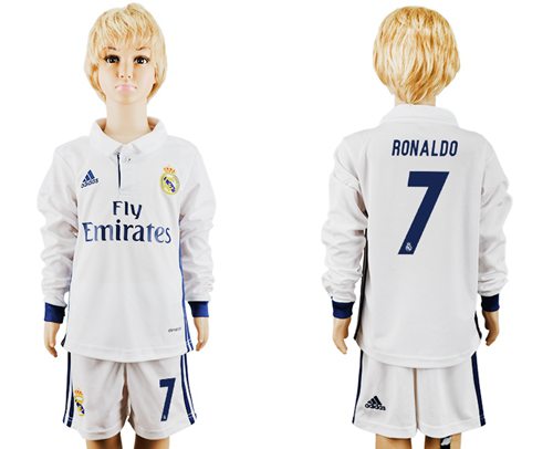 Real Madrid #7 Ronaldo Home Long Sleeves Kid Soccer Club Jersey Real Madrid #7 Ronaldo Home Long Sleeves Kid Soccer Club Jersey