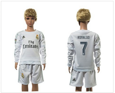 Real Madrid #7 Ronaldo White Home Long Sleeves Kid Soccer Club Jersey