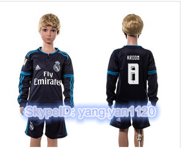 Real Madrid #8 Kroos Navy Blue Long Sleeves Kid Soccer Club Jersey