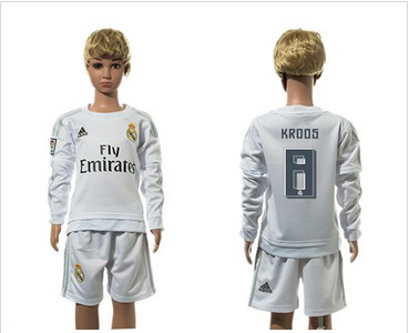 Real Madrid #8 Kroos White Home Long Sleeves Kid Soccer Club Jersey