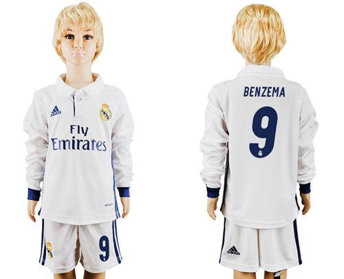Real Madrid #9 Benzema Home Long Sleeves Kid Soccer Club Jersey Real Madrid #9 Benzema Home Long Sleeves Kid Soccer Club Jersey