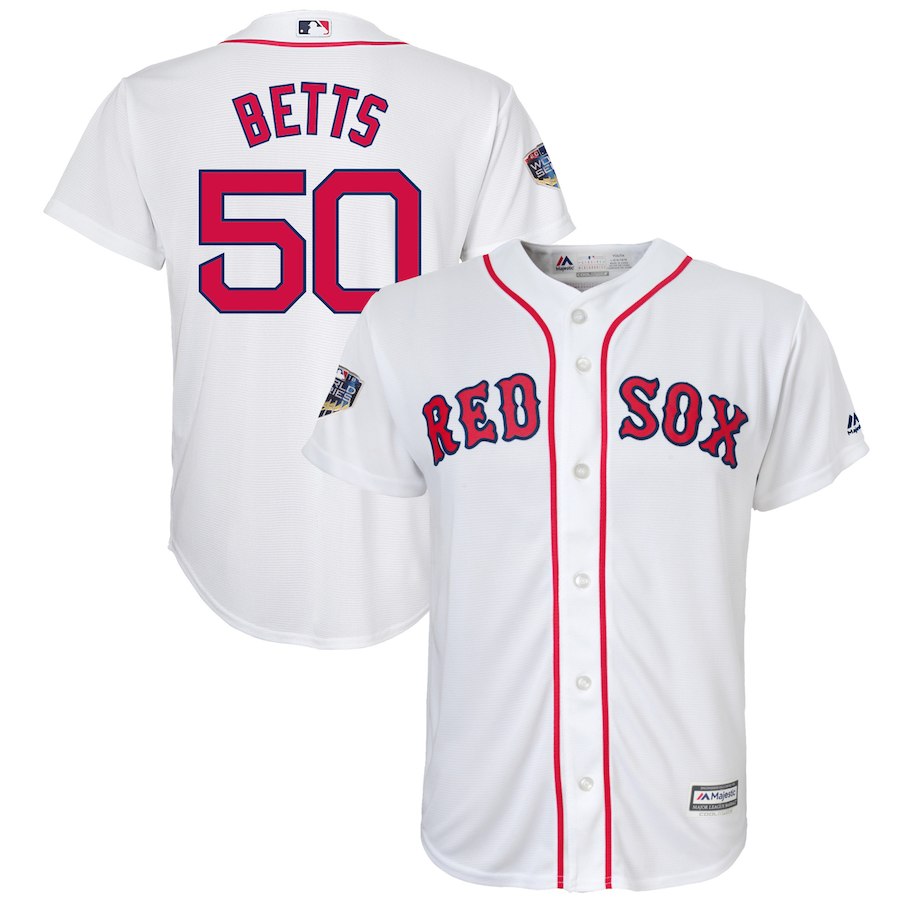 Red Sox 50 Mookie Betts White Youth 2018 World Series Cool Base Player Jersey Red Sox 50 Mookie Betts White Youth 2018 World Series Cool Base Player Jersey