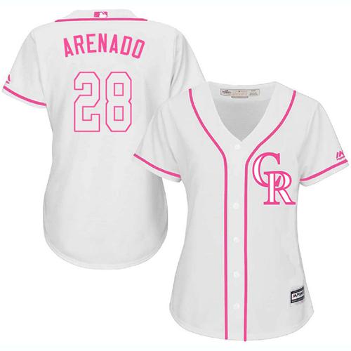 Rockies #28 Nolan Arenado White Pink Fashion Women's Stitched MLB Jersey