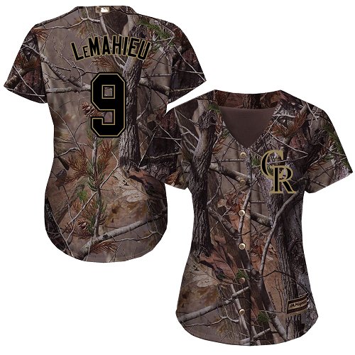 Rockies #9 DJ LeMahieu Camo Realtree Collection Cool Base Women's Stitched Baseball Jersey