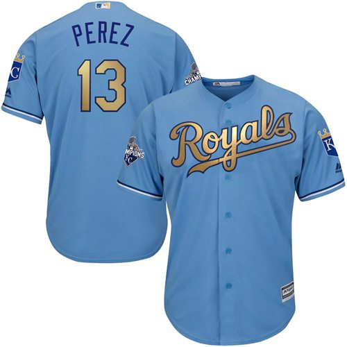 Royals #13 Salvador Perez Light Blue 2015 World Series Champions Gold Program Cool Base Stitched Youth MLB Jersey Royals #13 Salvador Perez Light Blue 2015 World Series Champions Gold Program Cool Base Stitched Youth MLB Jersey