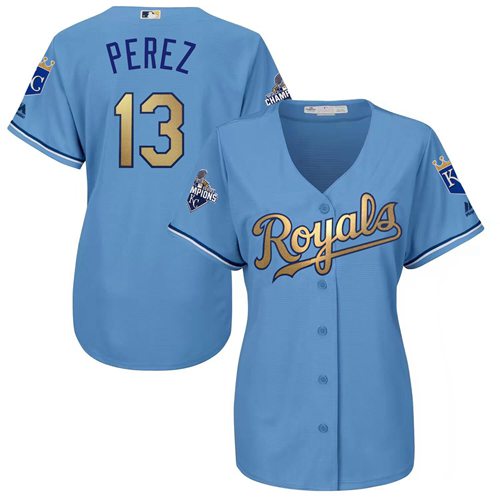 Royals #13 Salvador Perez Light Blue Women's 2015 World Series Champions Gold Program Cool Base Stitched MLB Jersey Royals #13 Salvador Perez Light Blue Women's 2015 World Series Champions Gold Program Cool Base Stitched MLB Jersey