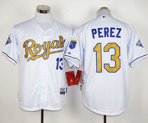 Royals #13 Salvador Perez White 2015 World Series Champions Gold Program Stitched MLB Jersey Royals #13 Salvador Perez White 2015 World Series Champions Gold Program Stitched MLB Jersey